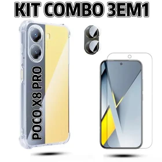 Capa Transparente Xiaomi Poco X8 Pro com Película Vidro HD e Película de Câmera