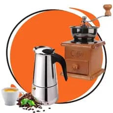 Kit Cafeteira Italiana 6 Xícaras Inox Indução fogão a gás elétrico e Moedor Manual de grãos de café