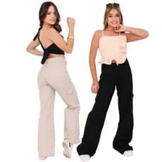 Kit 2 Calça feminina cargo infantil juvenil sarja wid leg blogueirinha bege pantalona