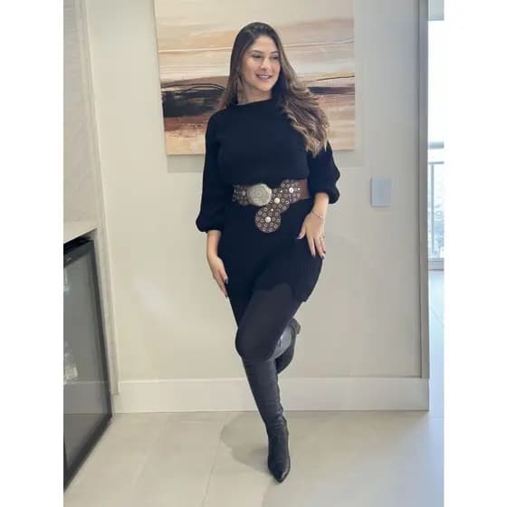 Vestido feminino Tricot Midi Fio Mousse Com Fenda Manga Longa Inverno mini veste