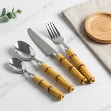 Faqueiro 24 Peças Aço Inox Cabo Bambu Jogo de Talheres Luxo Cozinha Cabo imitando Madeira Bambu