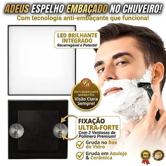 Espelho Quadrado Ventosas Box de Banheiro para Fazer a Barba e Maquiagem Sem Parafusos