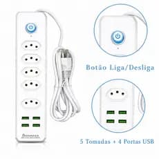 Régua Extensão Elétrica 2M Bivolt 110V/220V Botão Liga Desliga Segura Casa Escritório BM-A195 BM-A196 BM-A630