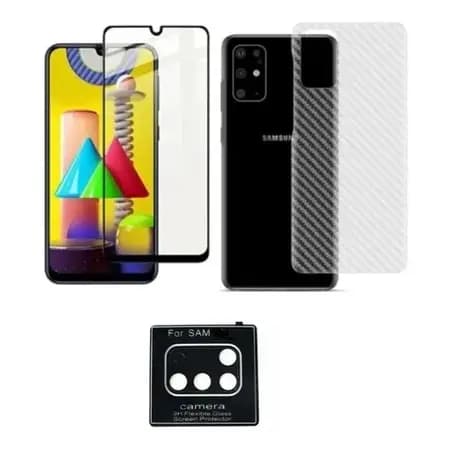 Kit Película De Vidro Temperado 9D (Cobre A Tela Toda) + Película De Câmera + Película Traseira Fibra De Carbono Samsung Galaxy A31
