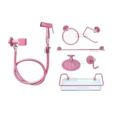 Combo Acessórios P/ Banheiro Metal Cor Rosa Kit Banheiro Prateleira Box Rosa Vidro Incolor