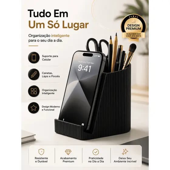 Organizador Mesa Moderno Porta Caneta Suporte Celular Home Office Preto Branco Multifuncional