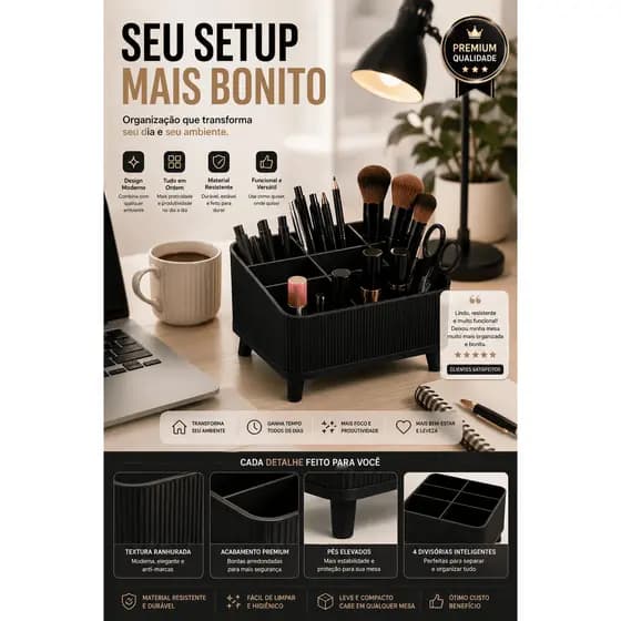 Organizador Mesa Porta Maquiagem Multiuso Divisórias Preto Branco Luxo Moderno Escritório Bancada