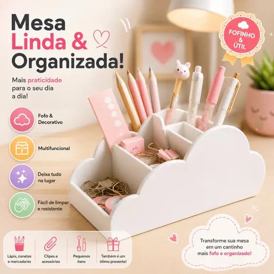 Porta Canetas Lápis Nuvem Organizador Mesa Branco Preto Escritório Quarto Fofo Decorativo Multiuso