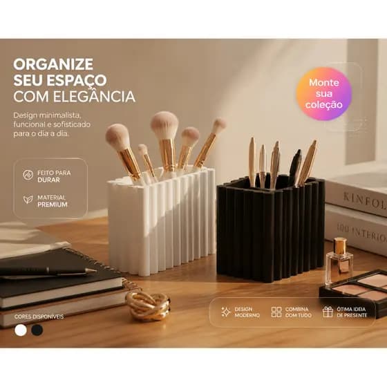 Porta Pincel Decorativo Organizador Maquiagem Moderno Branco Preto Multifuncional Mesa Escritório