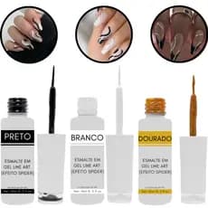 Kit 3 Esmaltes Em Gel Ponta Fina Preto Dourado  Branco Manicure Nail Art Desenho Decoração