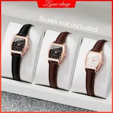 3 Pçs/Set Moda Casual Mulheres Relógios Pulseira De Couro Pequeno Mostrador Relógio De Pulso De Quartzo (Sem Caixa)