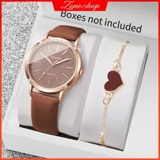 Conjunto De Relógio E Pulseira Feminino Elegante , 2 Peças , De Couro Da Moda , De Quartzo (Sem Caixa)