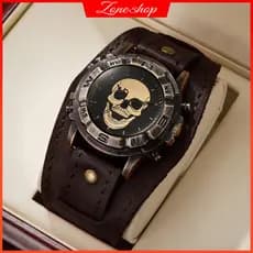 Relógio De Quartzo Com Caveira Gótica Punk Pulseira De Couro Larga , Moldura Retrô De Bússola , Pulso Masculino (Sem Cai
