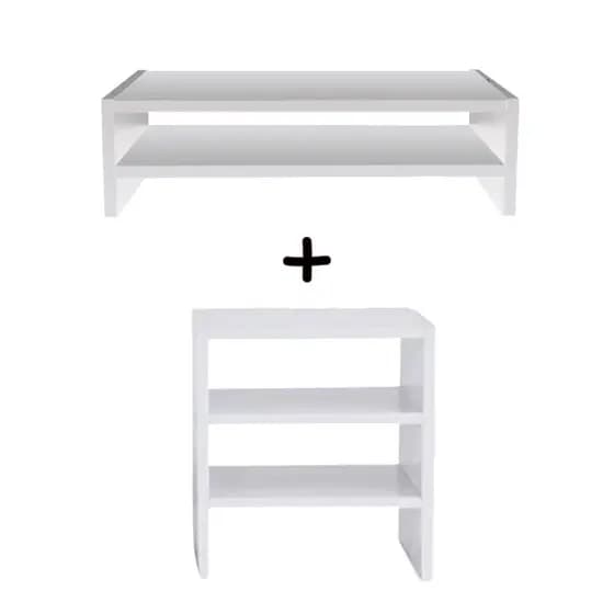 Base Suporte Monitor Duplo + Escaninho De Mesa Escritório Home Office MDF Branco