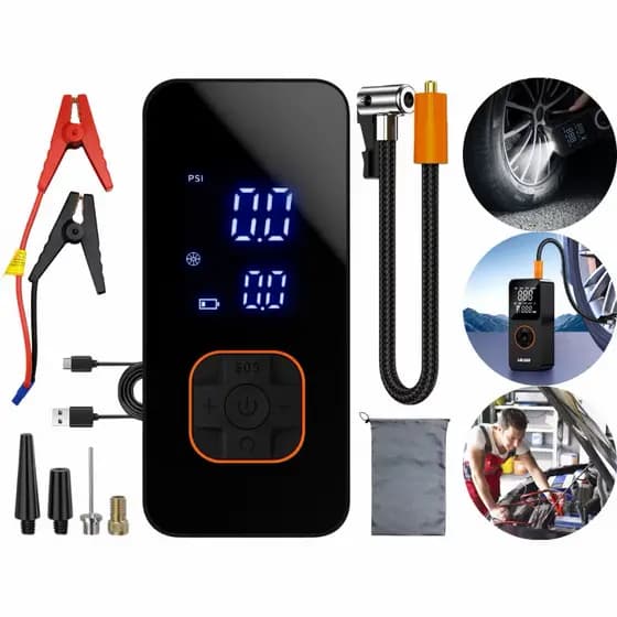 Bomba de Ar Portatil Compressor Inflator Multi-função 4 em 1 PowerBank 8kmah Bateria Calibrador de Carro Auto Pneu.