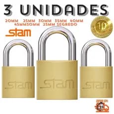 Kit 3 unidades Cadeado Stam Original Zamac Latonado 20 25 30 35 40 45 e 50mm