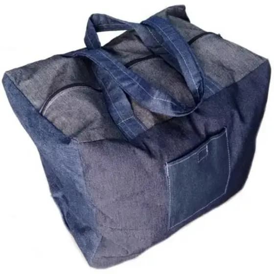 Sacola Artesanal em Retalhos De Jeans Reforçada Feira Mercado 50x40x30 60 litros