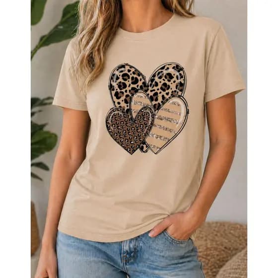 Camiseta Feminina T shirt Estampada Coração Mãe Animal Print Oncinha Manga Curta