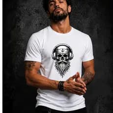 Camiseta Masculina Caveira Estampada Marinheiro Casual Algodão Manga Curta Náutica Streetwear Barba Skull Beard