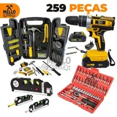 Kit Jogo Ferramentas 259 Peças com Parafusadeira Furadeira 21V Sem Fio + Jogo Soquetes 46 + Nível Laser e Trena Mello