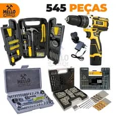 Super Kit Ferramentas 545 Peças + Parafusadeira 12V Sem Fio Brocas Bits Soquetes Maleta Completa