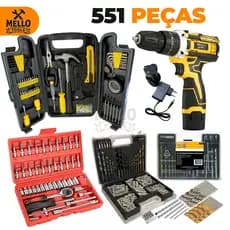 Kit Ferramentas 551 Peças + Parafusadeira 12V Sem Fio Completa + Jogo de Brocas Bits Soquetes 46 Peças Profissional
