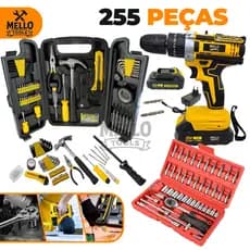 Jogo Kit Ferramentas 286 Peças com Parafusadeira/Furadeira 21V Sem Fio + Jogo de Soquete e Maleta Completa Profissional