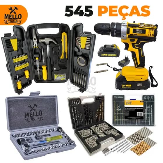 Parafusadeira Furadeira 21V Sem Fio + Kit Ferramentas 545 Peças Completo Brocas Bits Soquetes Maleta Profissional