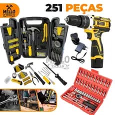 Furadeira Parafusadeira 12V com Kit Ferramentas 251 Peças Profissional Completo