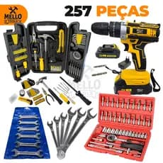 Jogo Kit Ferramentas 299 Peças com Parafusadeira/Furadeira 21V Sem Fio + Jogo de Soquete e Jogo de chave Fixa