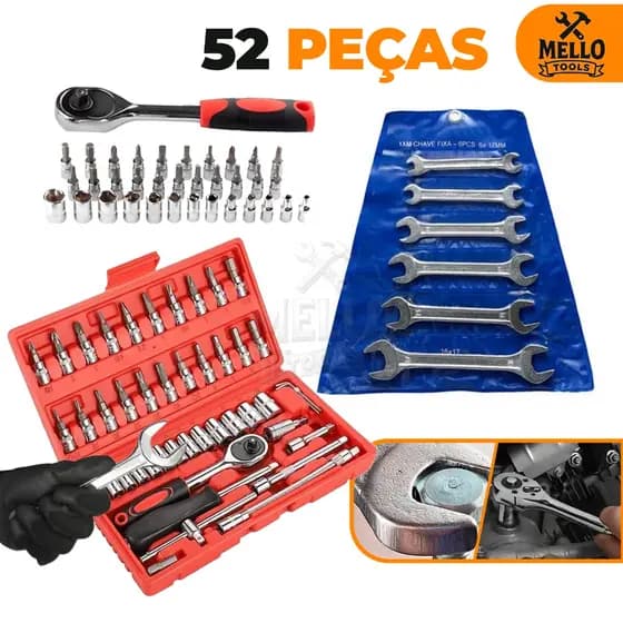 Jogo Kit Ferramentas 52 Peças Completo com Catraca, Soquetes, Bits e Chaves Fixas – Jogo Profissional