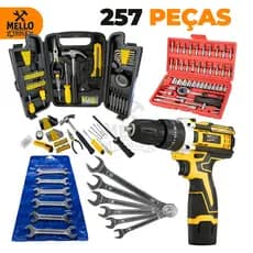 Jogo de Ferramentas 257 Peças com Maleta Completa + Parafusadeira 12V + Jogo De Soquetes e Kit Chave Fixa