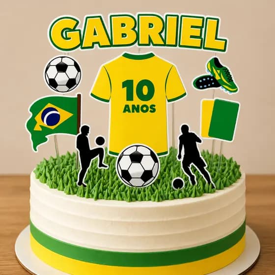 Topo de Bolo Copa do Mundo Personalizado | Topper Futebol Brasil | Decoração Festa Futebol