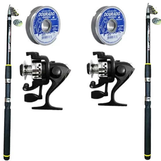 Kit de Pesca Duplo Vara 3,60m 30lbs Retrátil Molinete com Linha Monofilamento Pescaria Completa Barato Promo