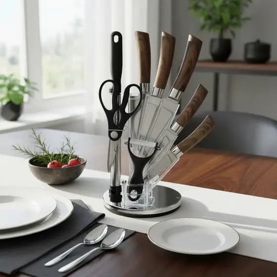 Kit de Facas 8 Peças Com Suporte Giratorio 360° Alta Qualidade Aço Inox Cabo Amadeirado Corte