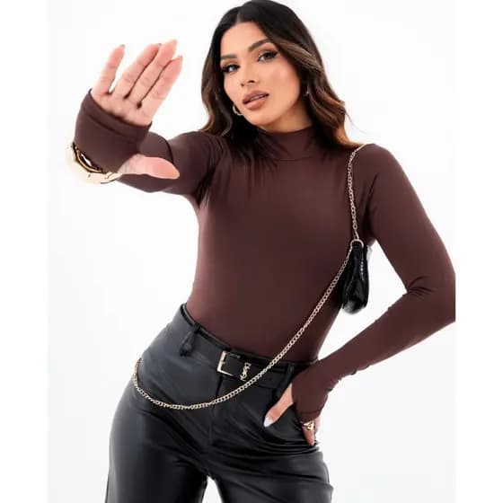 Blusa Feminina Body Manga Longa Gola Alta Suplex Moda Inverno Dedeira Polegar