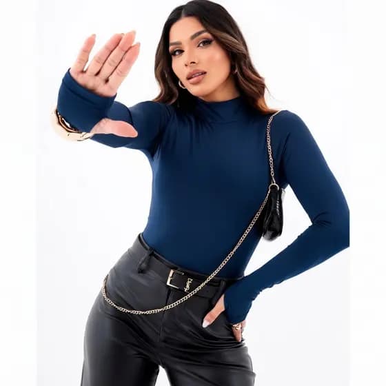 Blusa Gola Alta Manga Longa com Dedinho Justa no Corpo Suplex Feminino Casual Basico Dia a Dia