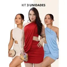 Vestido Feminino Conjunto com 3 Peças Modelador Tecido Suplex Ombro Mula Manca Balada Elegante