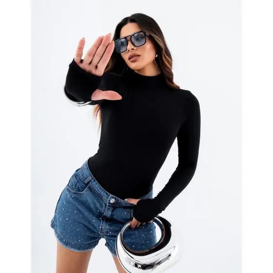 Blusa Segunda Pele Feminina Manga Longa Body com Dedeira e Gola Alta