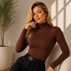 Blusa Feminina Manga Longa Cacharrel Gola Alta Segunda Pele Basica T-shirt