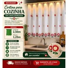 Cortina de Cozinha em Linho Bordada – Charme e Elegância para seu Lar