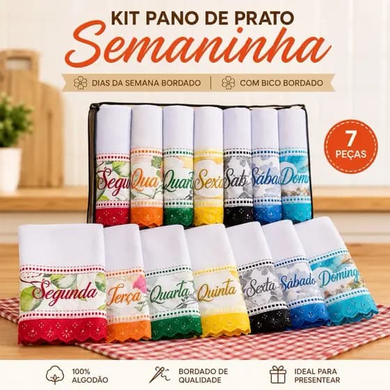 kit Panos De Prato Semaninha Bordado Com Aplique 44x75cm Cozinha Toque Macio e Absorvente