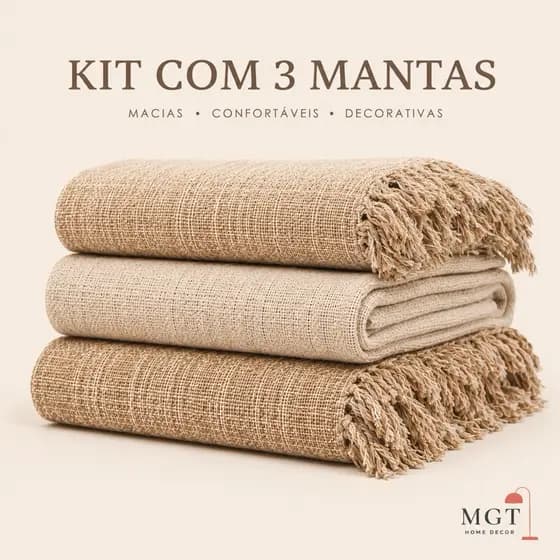KIT 3 MANTAS PARA SOFÁ E CAMA DECORATIVA COM FRANJAS | PESEIRA SALA E QUARTO | 2,10x1,20M
