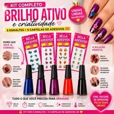 05 adesivos de unha 3d e 05 esmaltes brilho ativo cores variadas