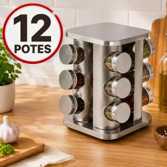Porta Tempero Com 12 Potes Vidro Suporte Inox Giratório 360 Condimento Cozinha Formato SORTIDO