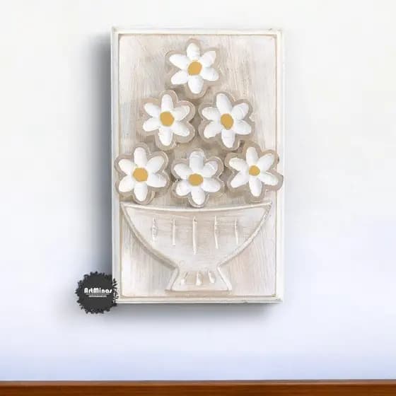 Quadro de flores 3D - branco varanda em madeira artesanal rústica