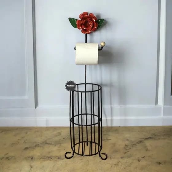 Suporte porta papel higienico em ferro com cesto redondo dispenser banheiro decorativo