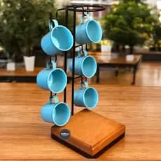 Mancebo com 6 ganchos para canecas decorativo para cozinha coar café ferro e madeira artesanal