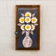 Quadro azul moderno flores margarida 3d pintura rustica vaso feito em madeira artesanal