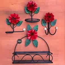 Kit banheiro completo com 4 peças artesanal em ferro decoração rústica vermelho